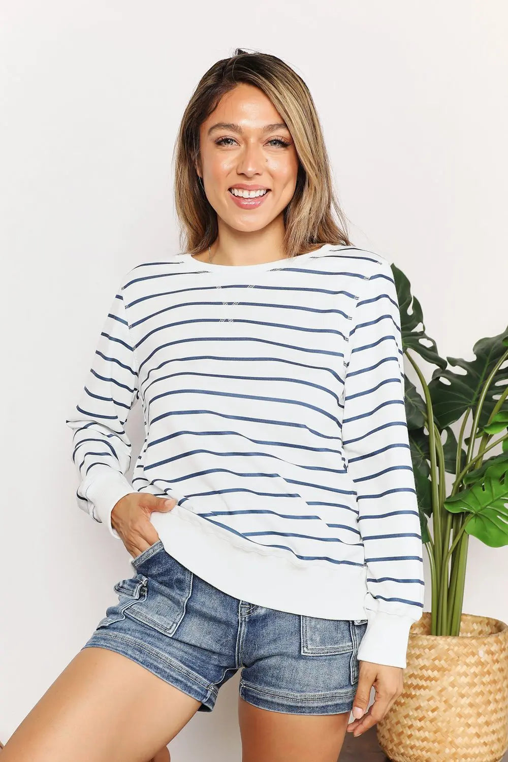 Striped Long Sleeve Round Neck Shirt Trendsi