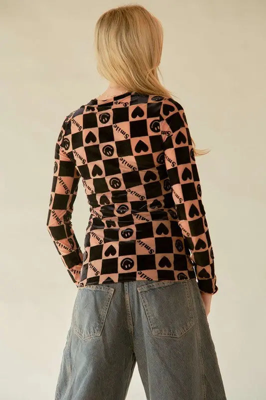 Davi & Dani Heart Print Long Sleeve Top Trendsi