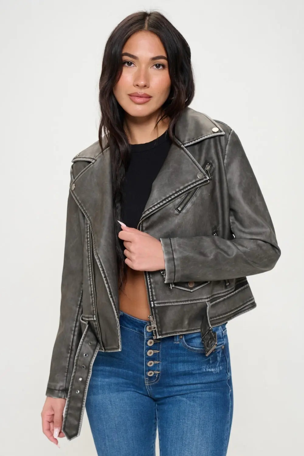 Coalition LA Asymmetrical Zip Up Biker Jacket with Belt Trendsi