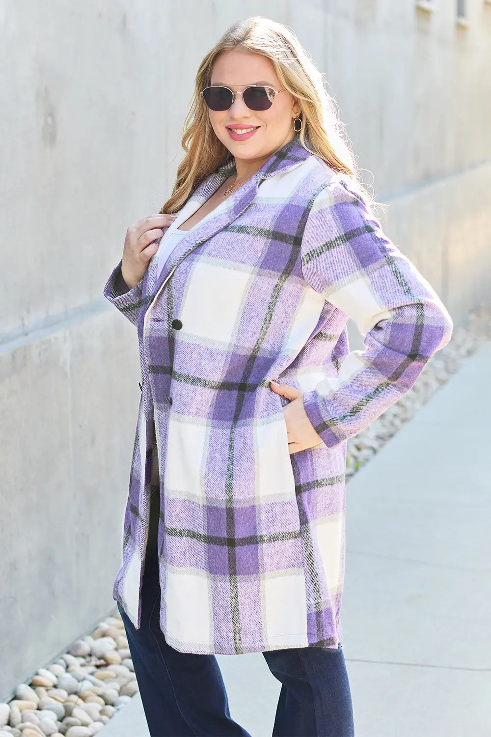 Double Take Plaid Button Up Lapel Collar Coat Trendsi