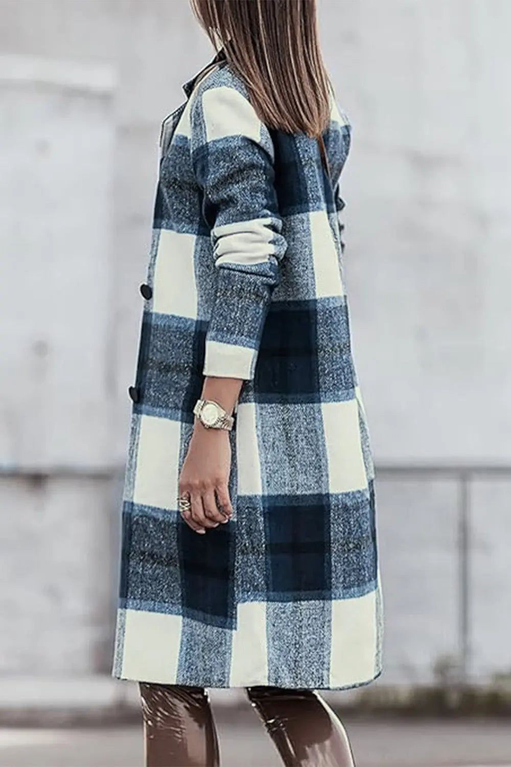 Double Take Plaid Button Up Lapel Collar Coat Trendsi