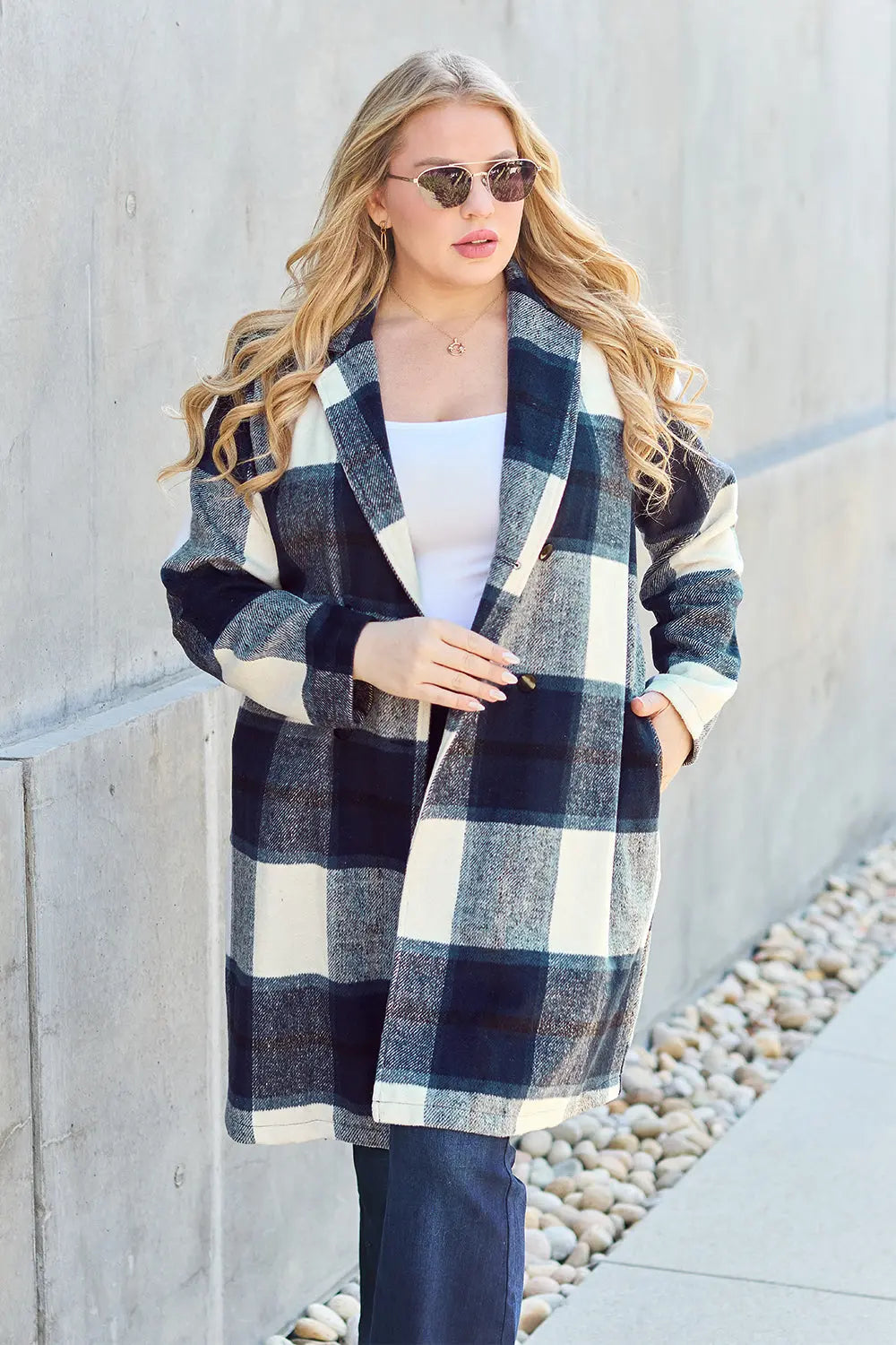 Double Take Plaid Button Up Lapel Collar Coat Trendsi