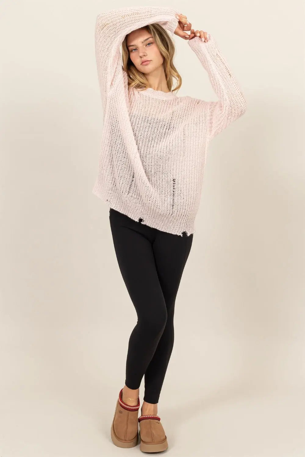 HYFVE Distressed Long Sleeve Knit Sweater Trendsi