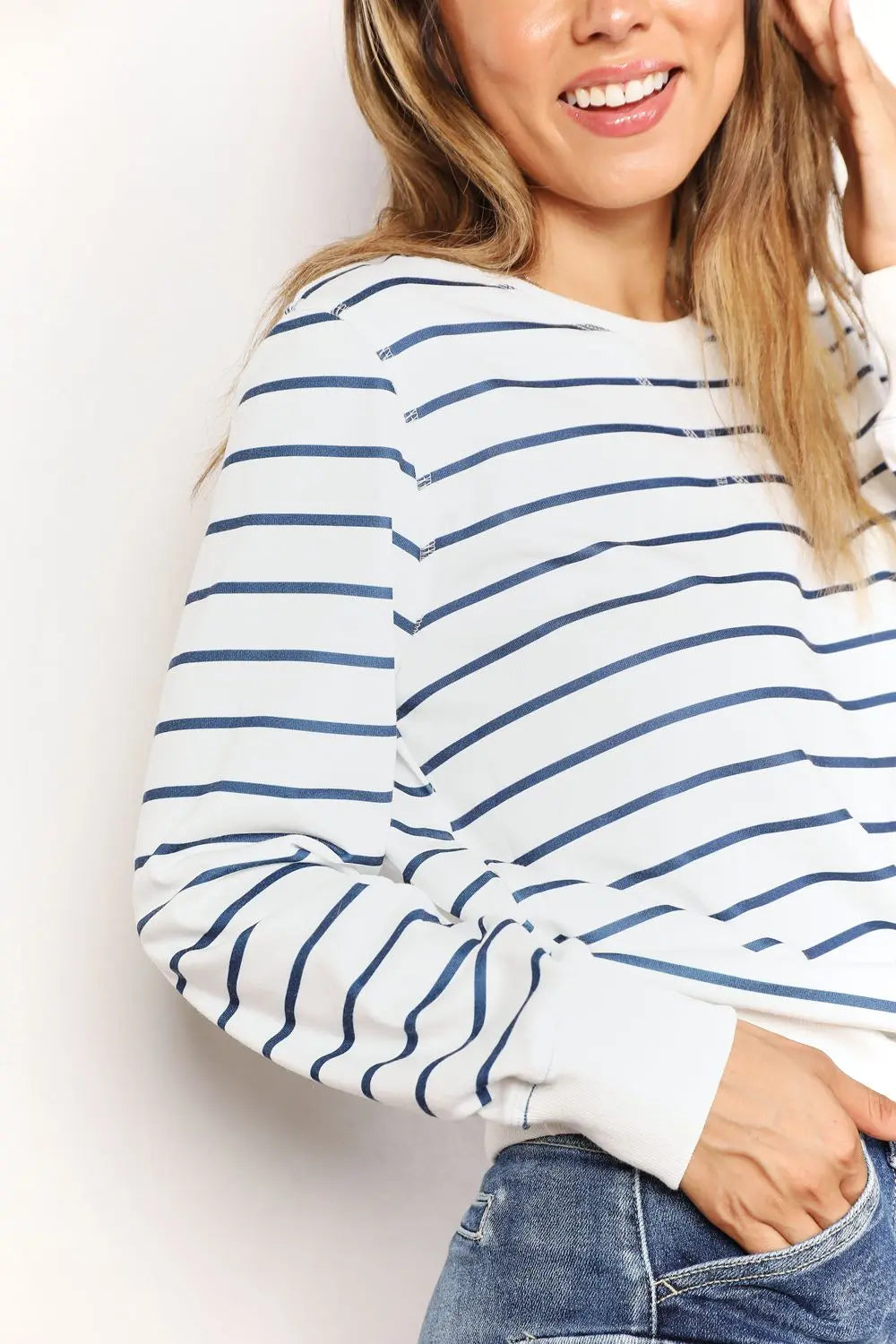 Striped Long Sleeve Round Neck Shirt Trendsi