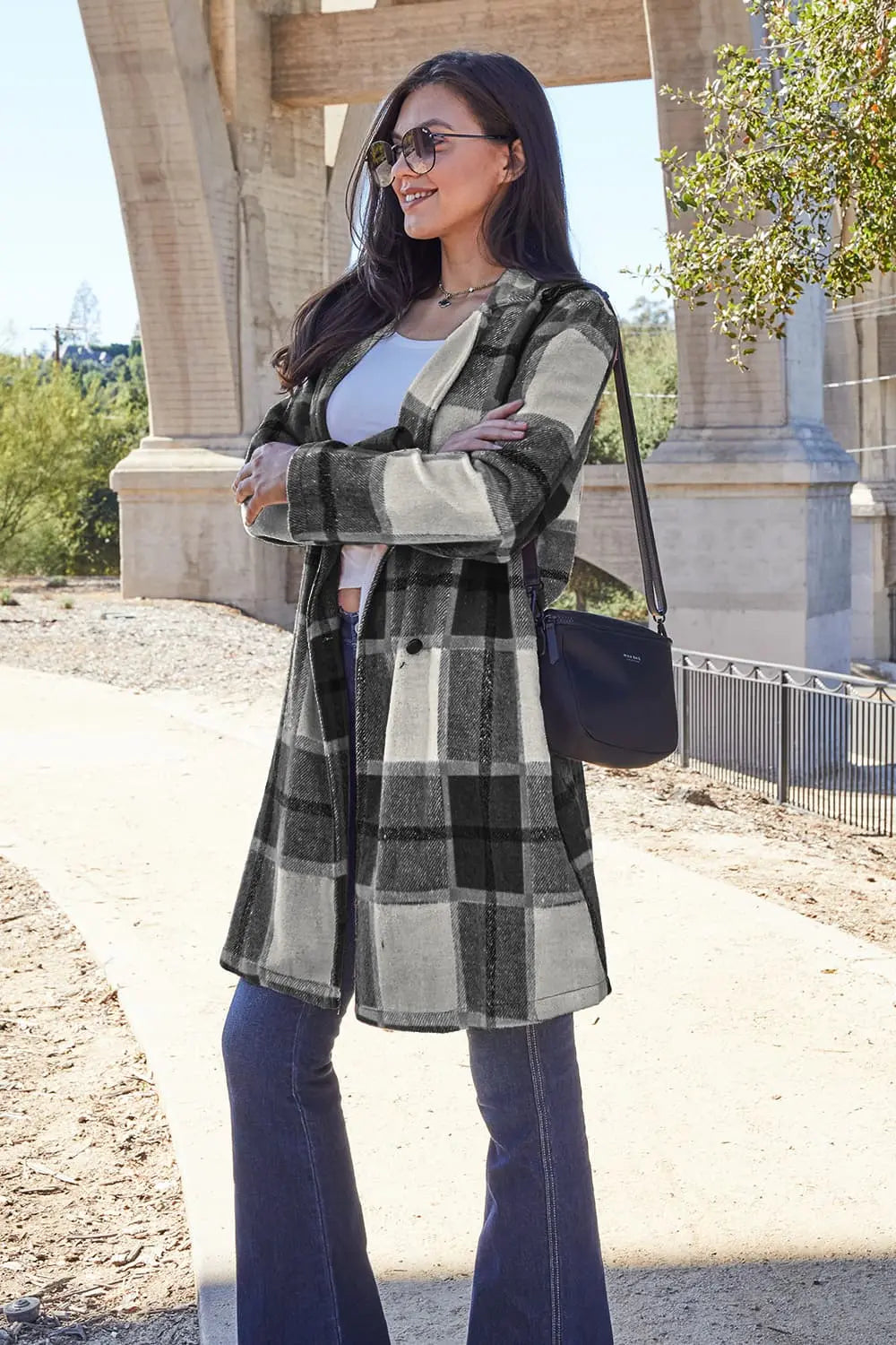 Double Take Plaid Button Up Lapel Collar Coat Trendsi