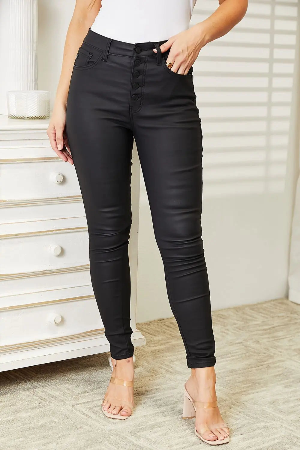 Kancan High Rise Black Coated Ankle Skinny Jeans Trendsi