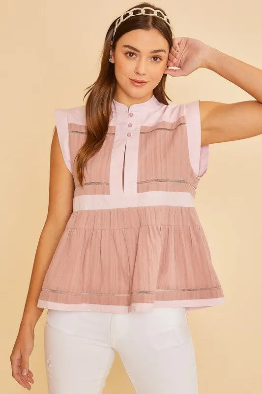 Annie Wear Contrast Trim Peplum Button Detail Blouse Trendsi