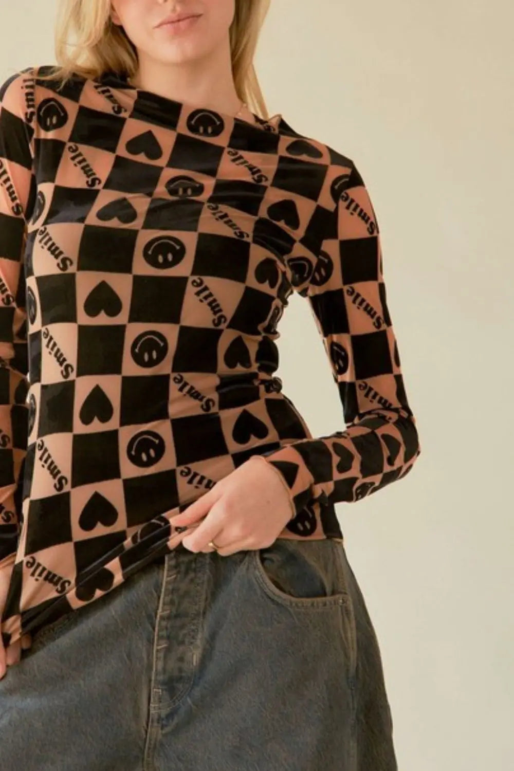 Davi & Dani Heart Print Long Sleeve Top Trendsi