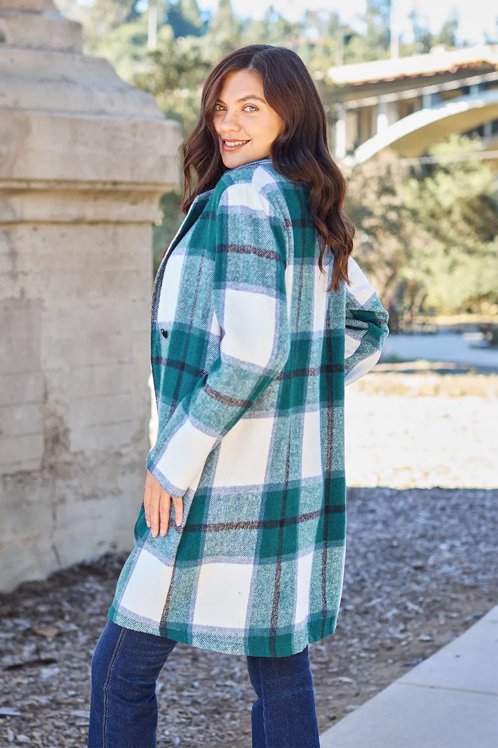 Double Take Plaid Button Up Lapel Collar Coat Trendsi
