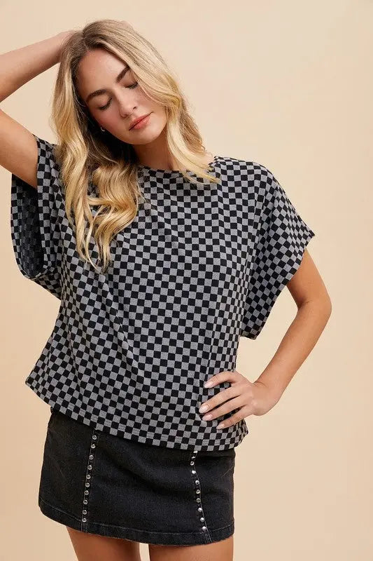 Checkered Round Neck Short Sleeve Shirt Trendsi