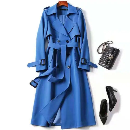 Women's Classic Trench Coat, Solid Color Long Sleeve Belted Mid-Length - Style Ratio
