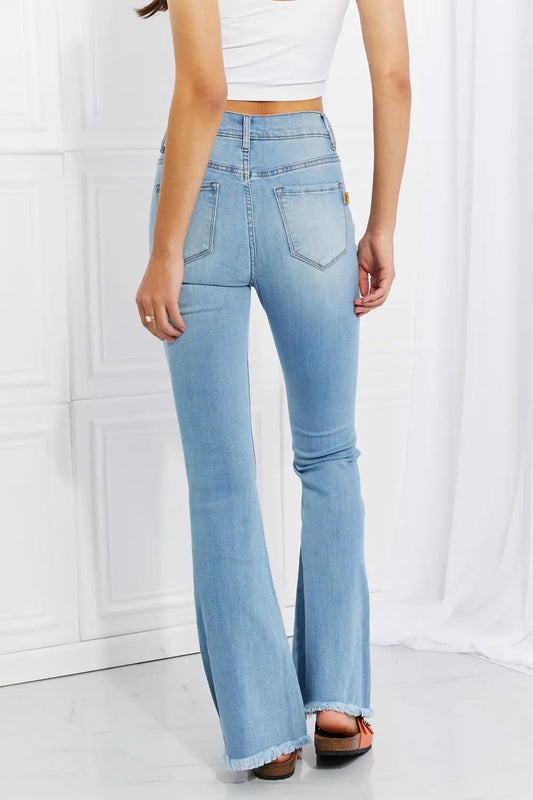 Vibrant MIU High Rise Button Flare Jeans Trendsi