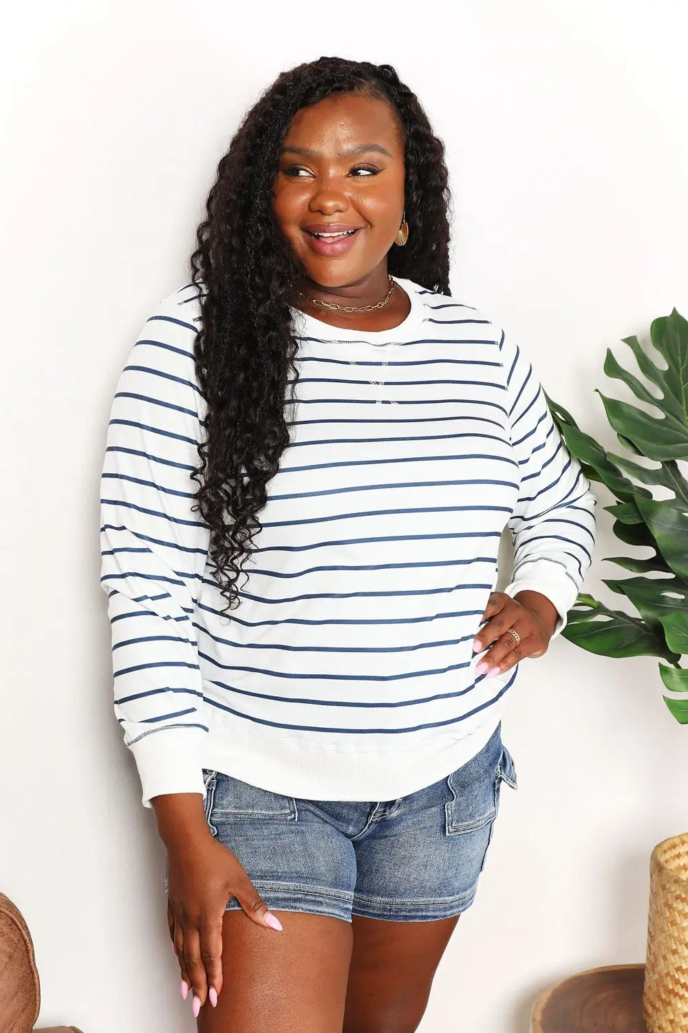 Striped Long Sleeve Round Neck Shirt Trendsi