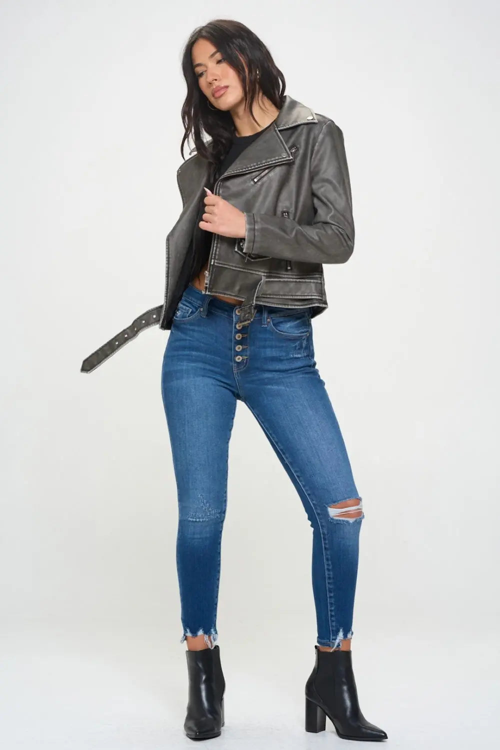 Coalition LA Asymmetrical Zip Up Biker Jacket with Belt Trendsi