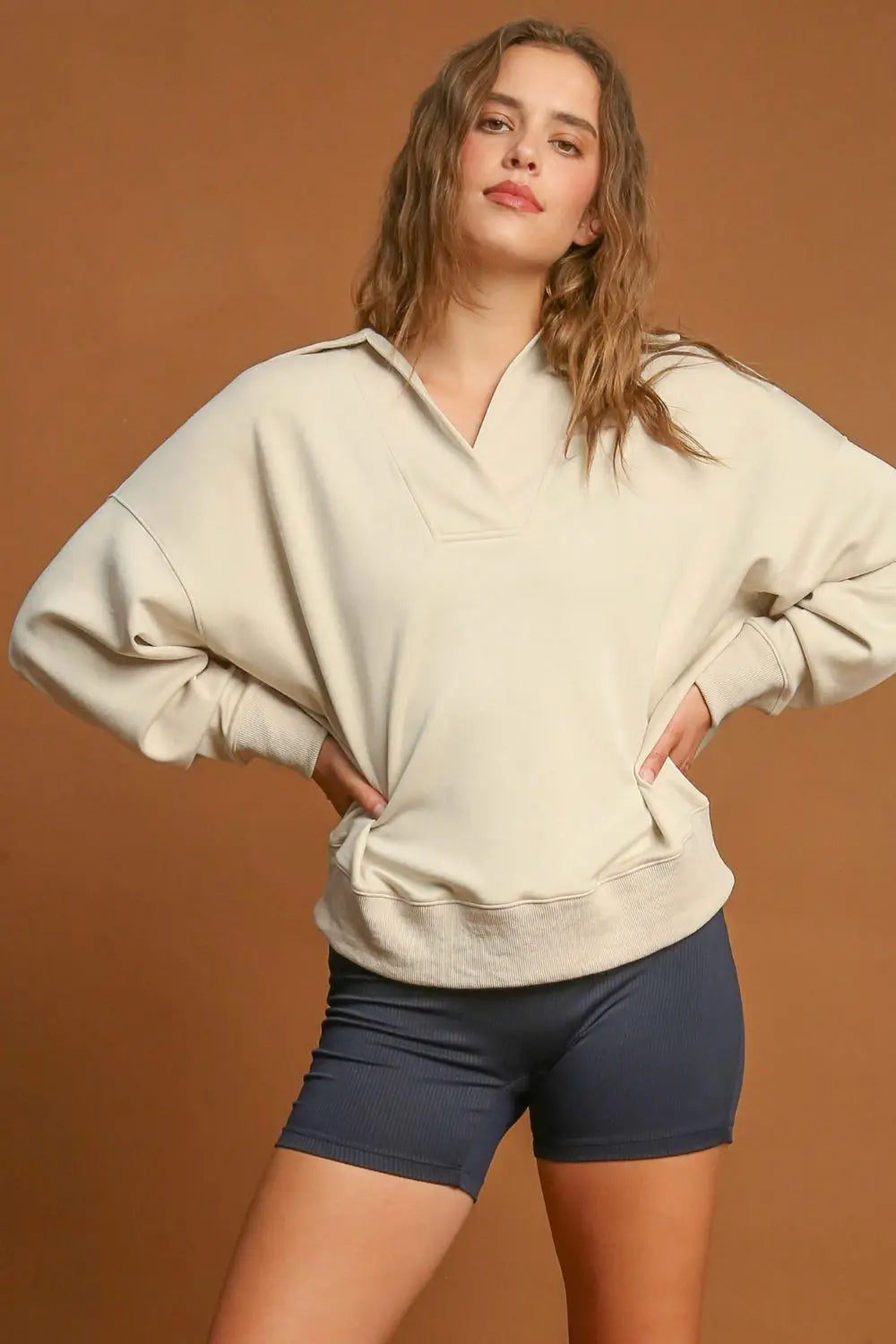 Umgee Collar Dropped Shoulder Sweatshirt Trendsi