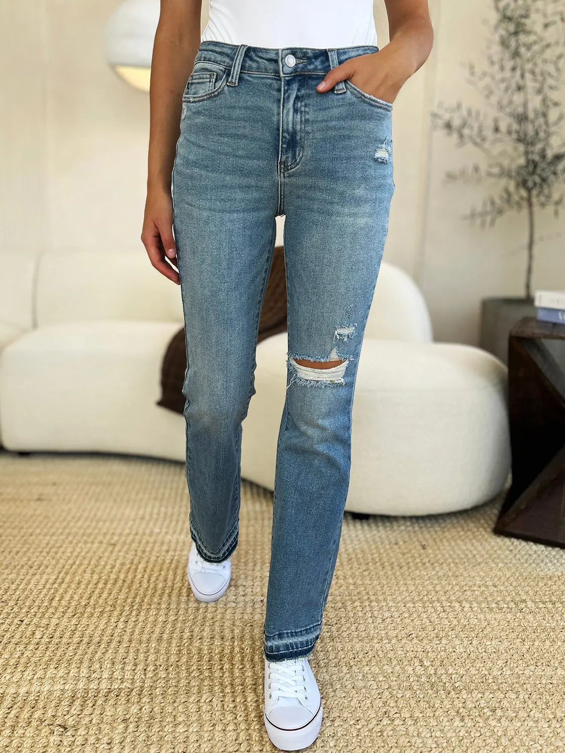 Judy Blue Mid Rise Distressed Jeans Trendsi