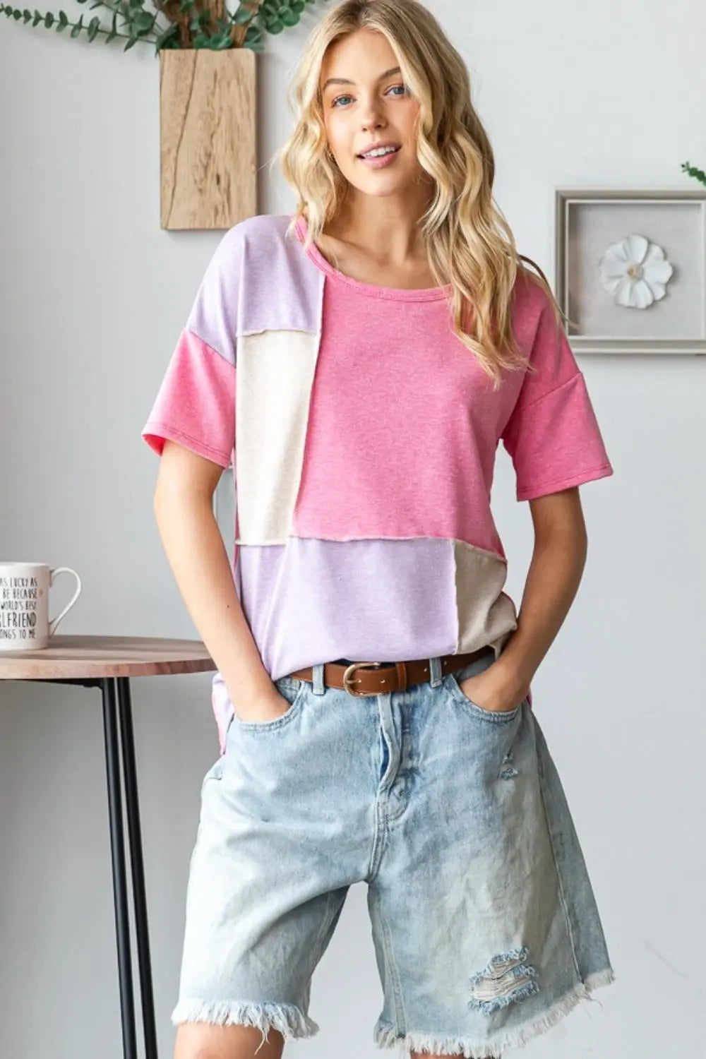 Color Block Exposed Seam Shirt Trendsi