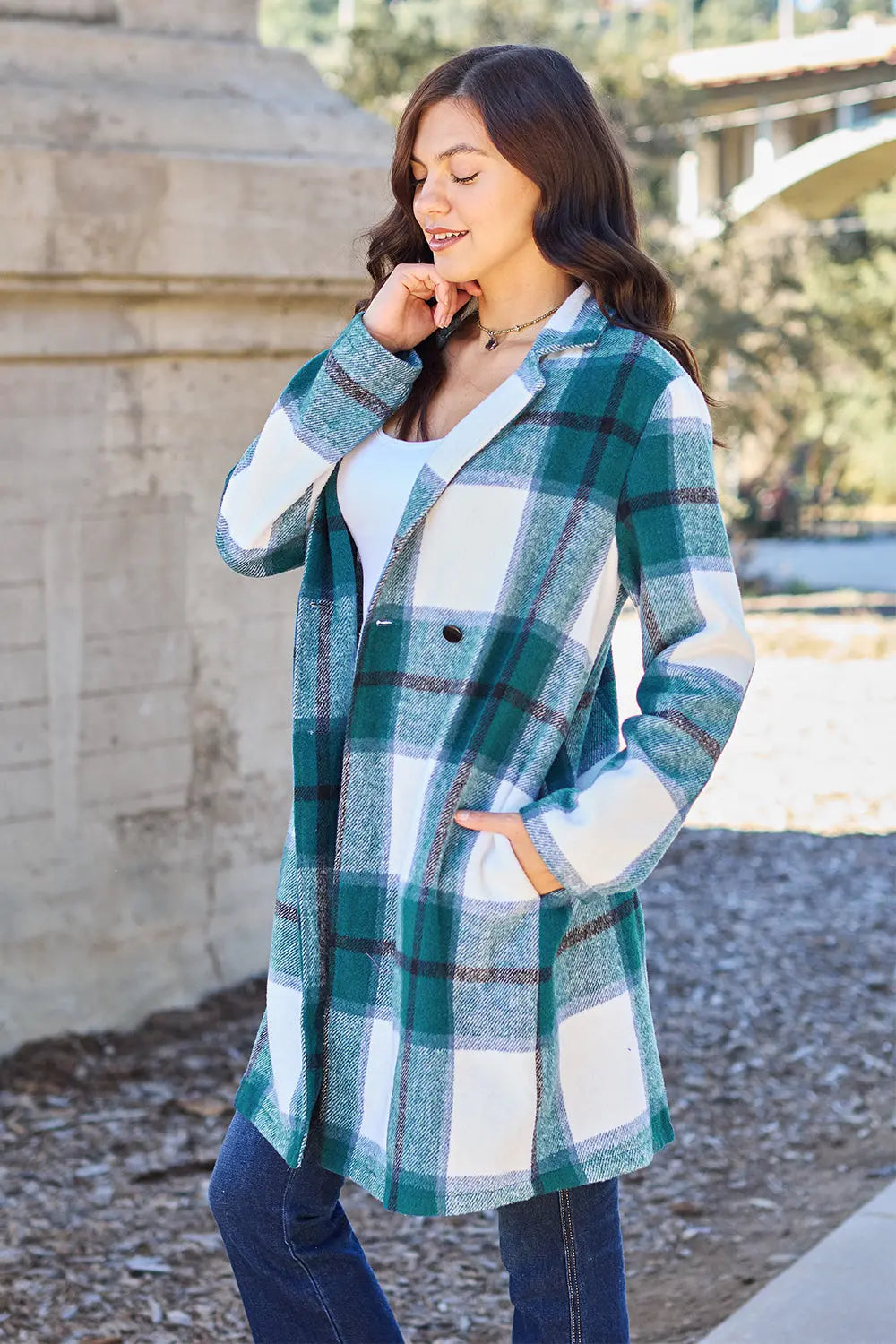 Double Take Plaid Button Up Lapel Collar Coat Trendsi