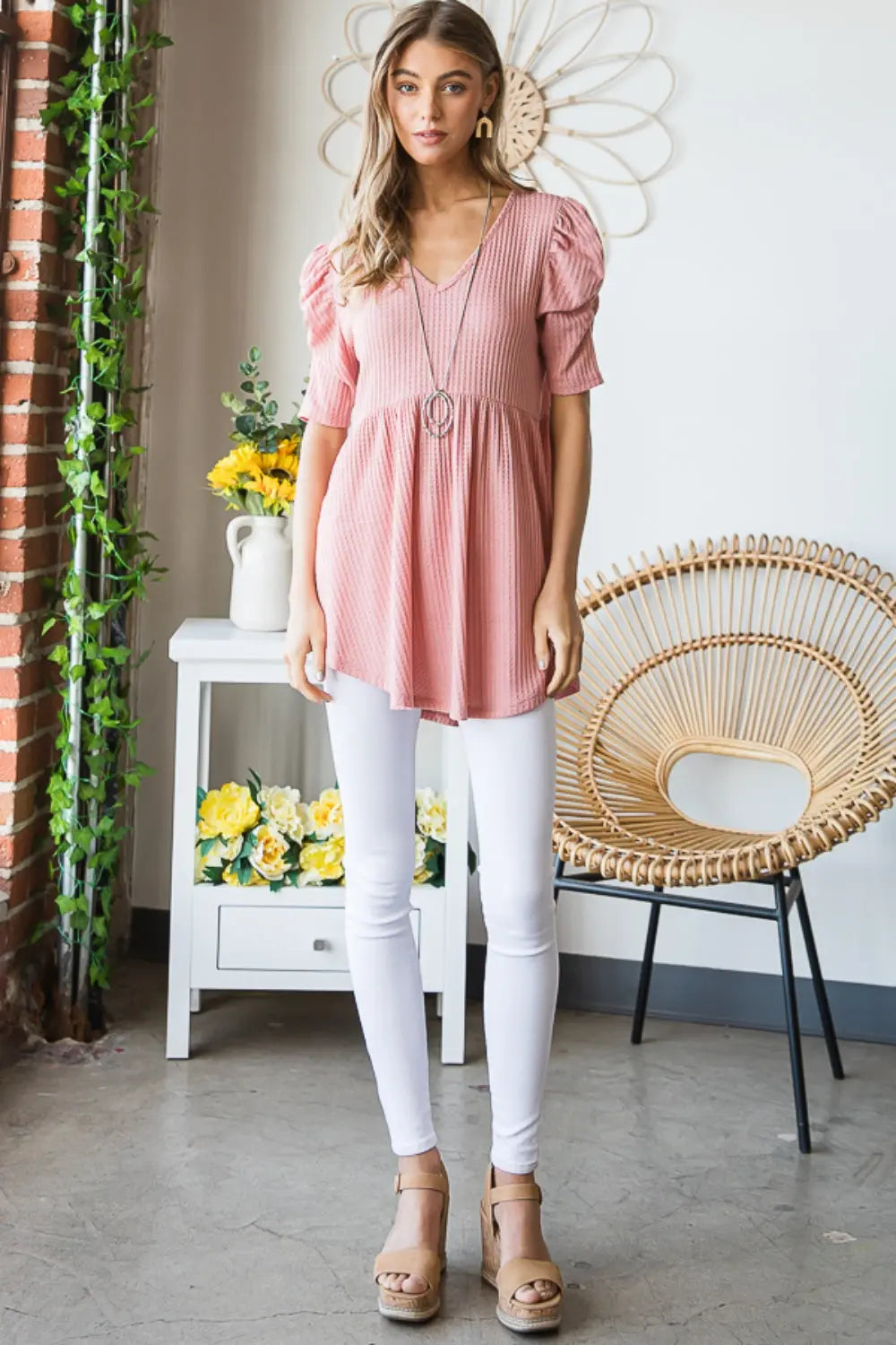 Heimish Knit V-Neck Babydoll Top Trendsi