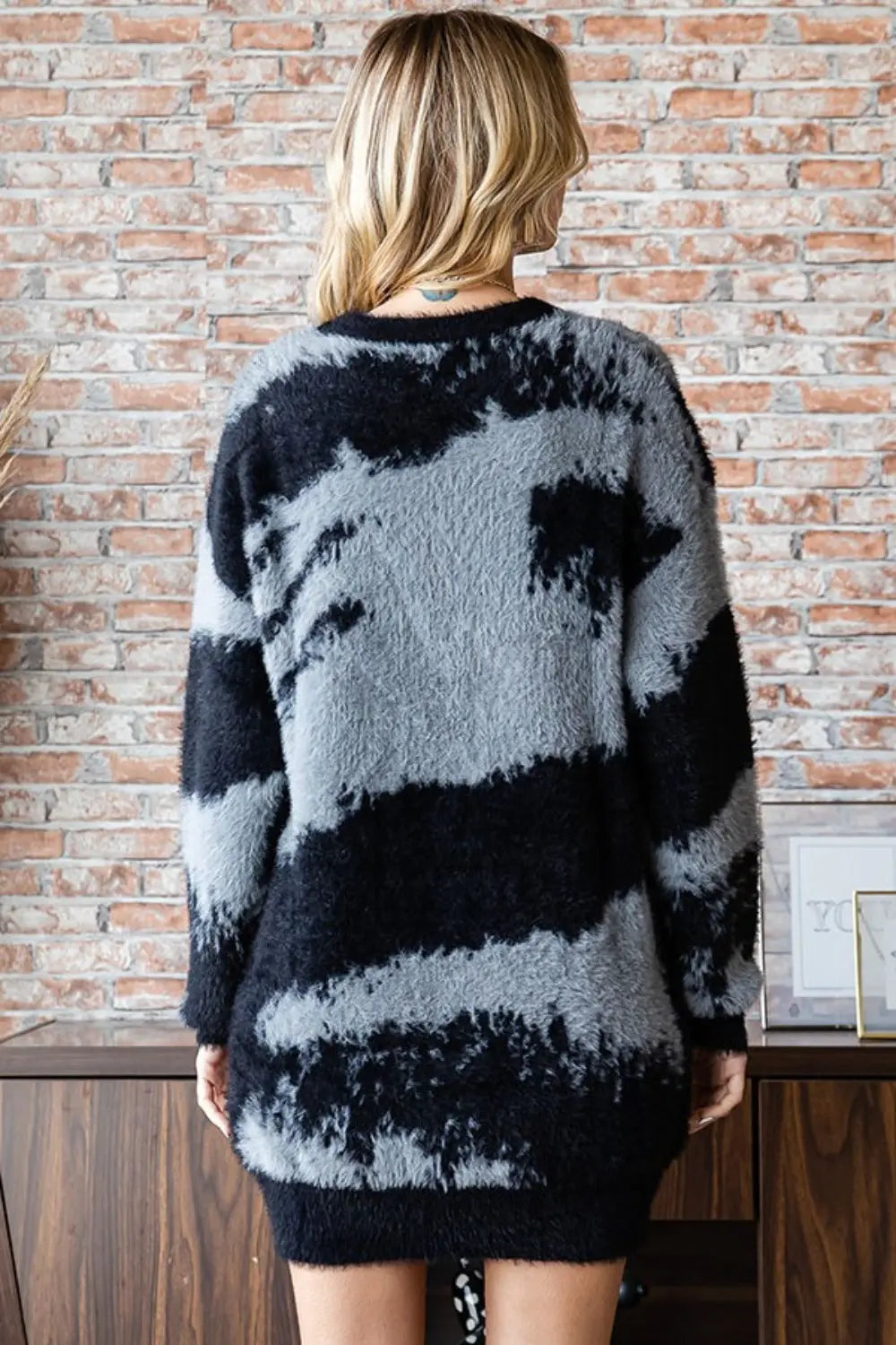 First Love Abstract Pattern Contrast Feather Yarn Sweater Trendsi