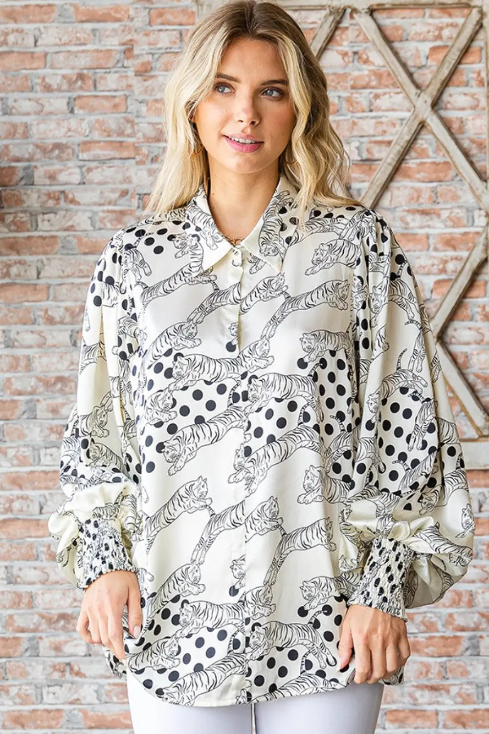 First Love Tiger Print Satin Blouse Trendsi