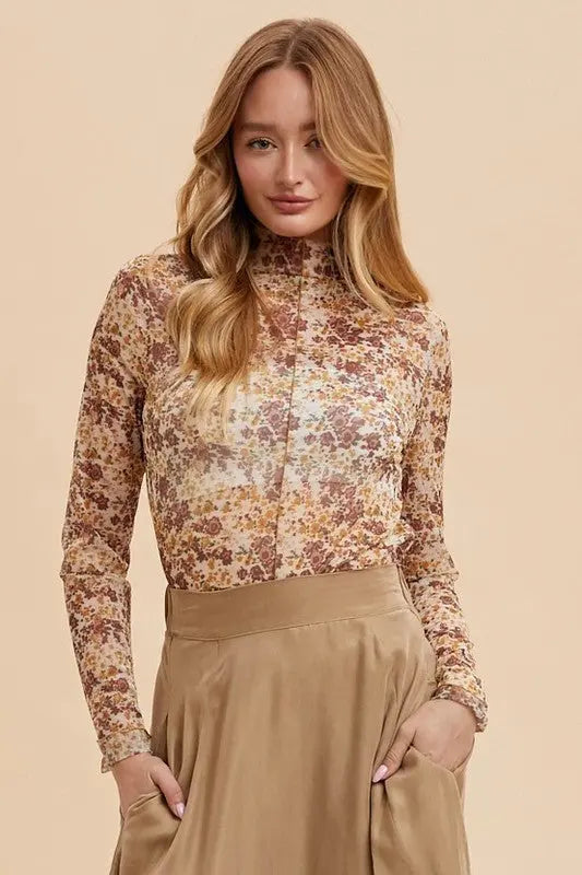 Annie Wear Floral Lettuce Hem Sheer Mesh Blouse Trendsi
