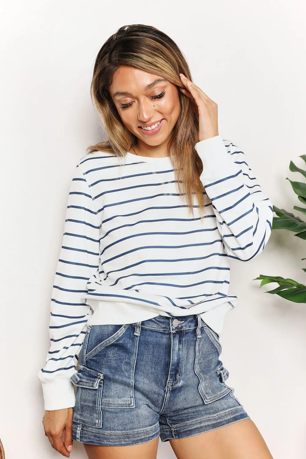 Striped Long Sleeve Round Neck Shirt Trendsi
