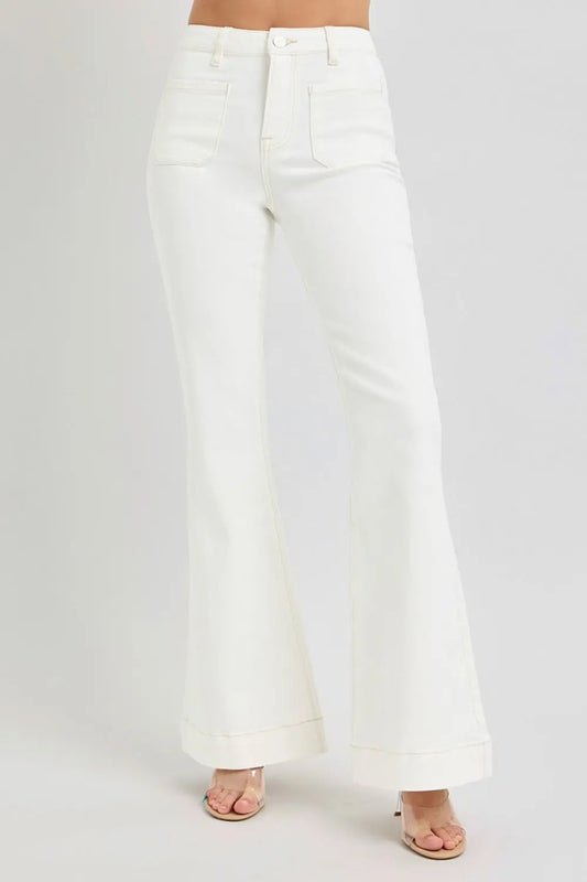 RISEN High Rise Front Patch Pocket Flare Jeans Trendsi