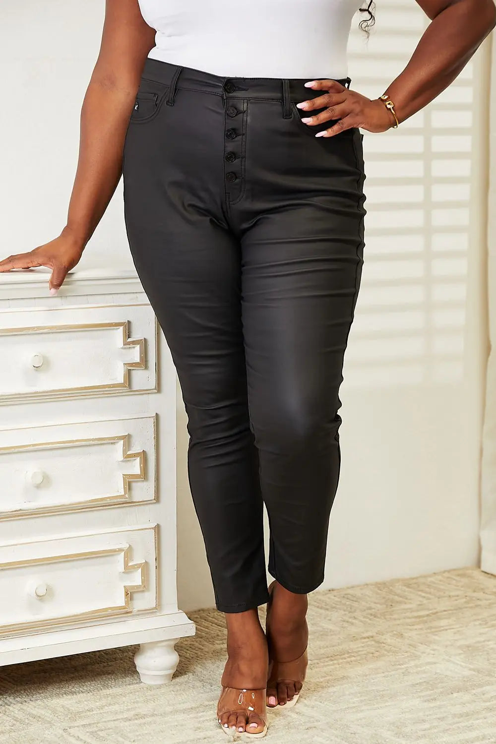 Kancan High Rise Black Coated Ankle Skinny Jeans Trendsi