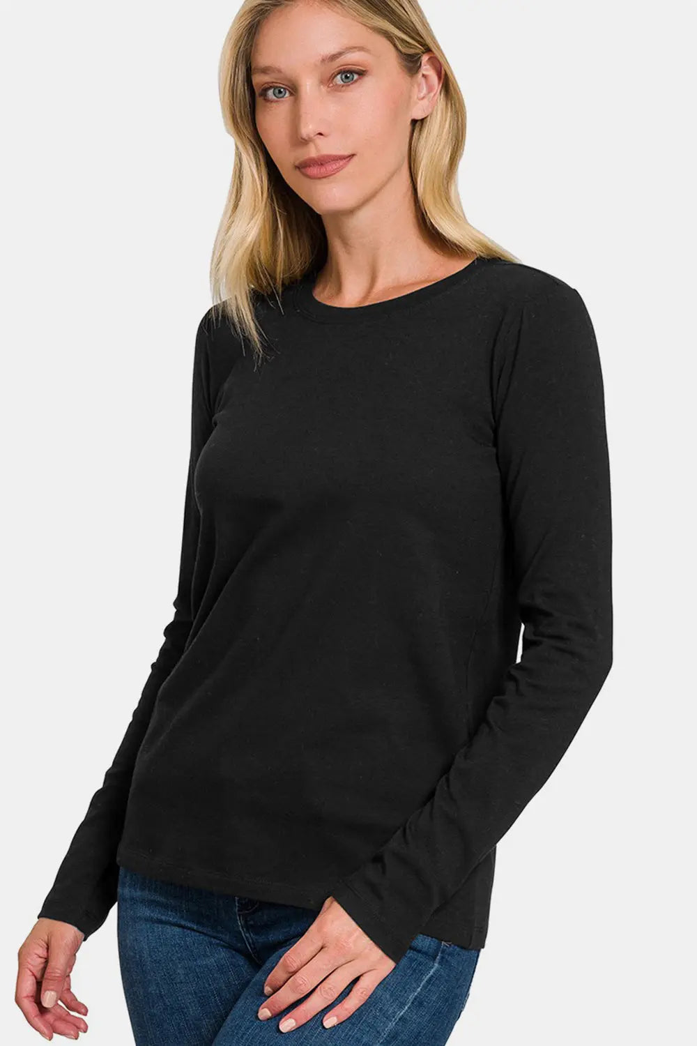 Solid Color Round Neck Long Sleeve Shirt Trendsi