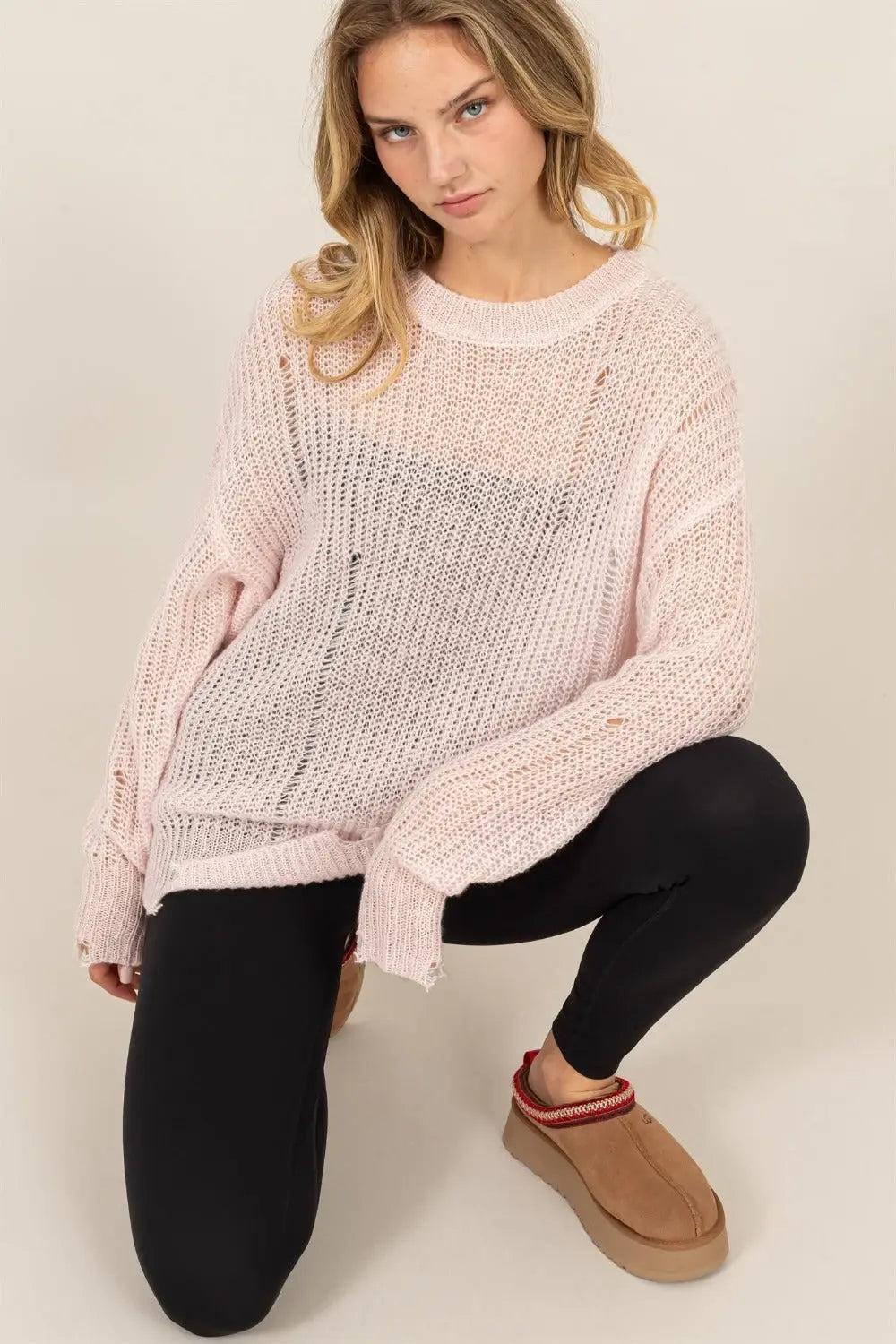 HYFVE Distressed Long Sleeve Knit Sweater Trendsi