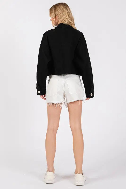 Bytos Button Down Cropped Denim Jacket with Patch Pockets Trendsi