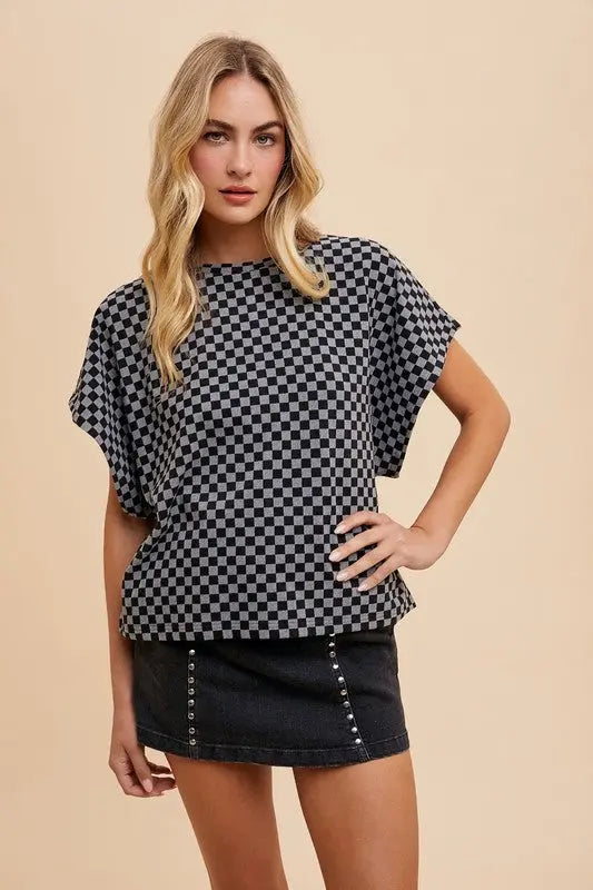 Checkered Round Neck Short Sleeve Shirt Trendsi