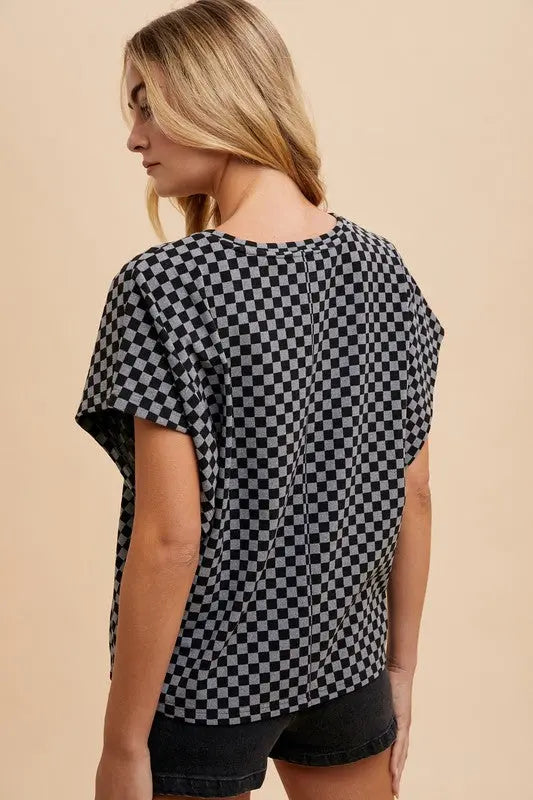 Checkered Round Neck Short Sleeve Shirt Trendsi