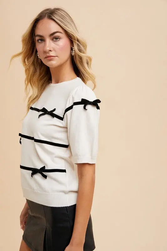 Annie Wear Bow Round Neck Knit Sweater Trendsi