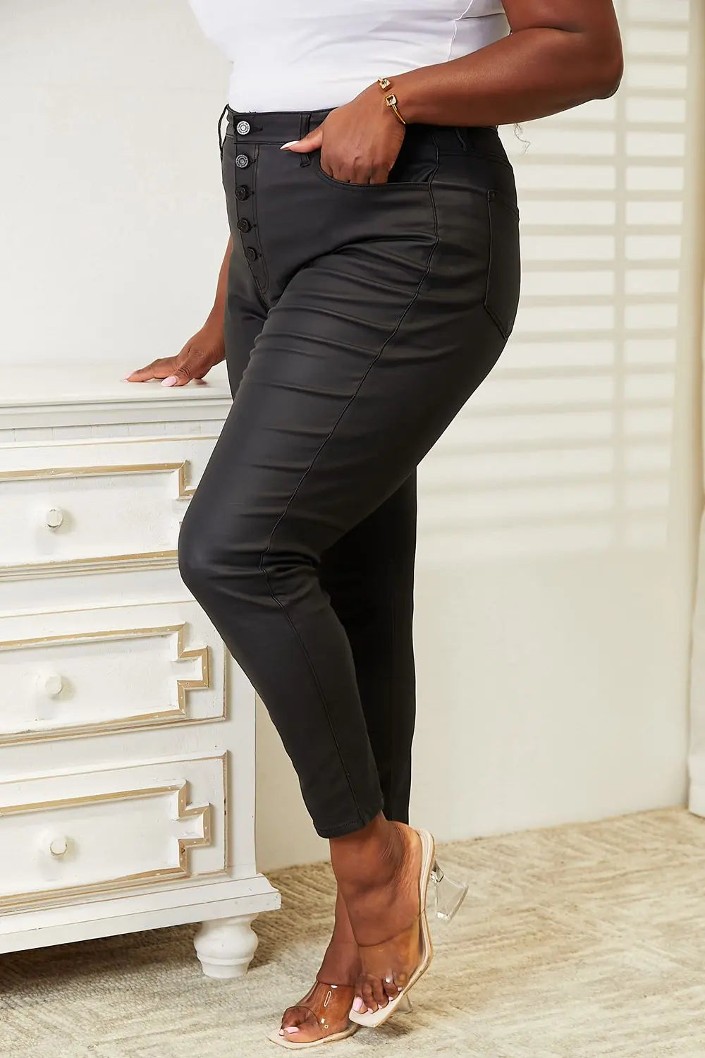 Kancan High Rise Black Coated Ankle Skinny Jeans Trendsi