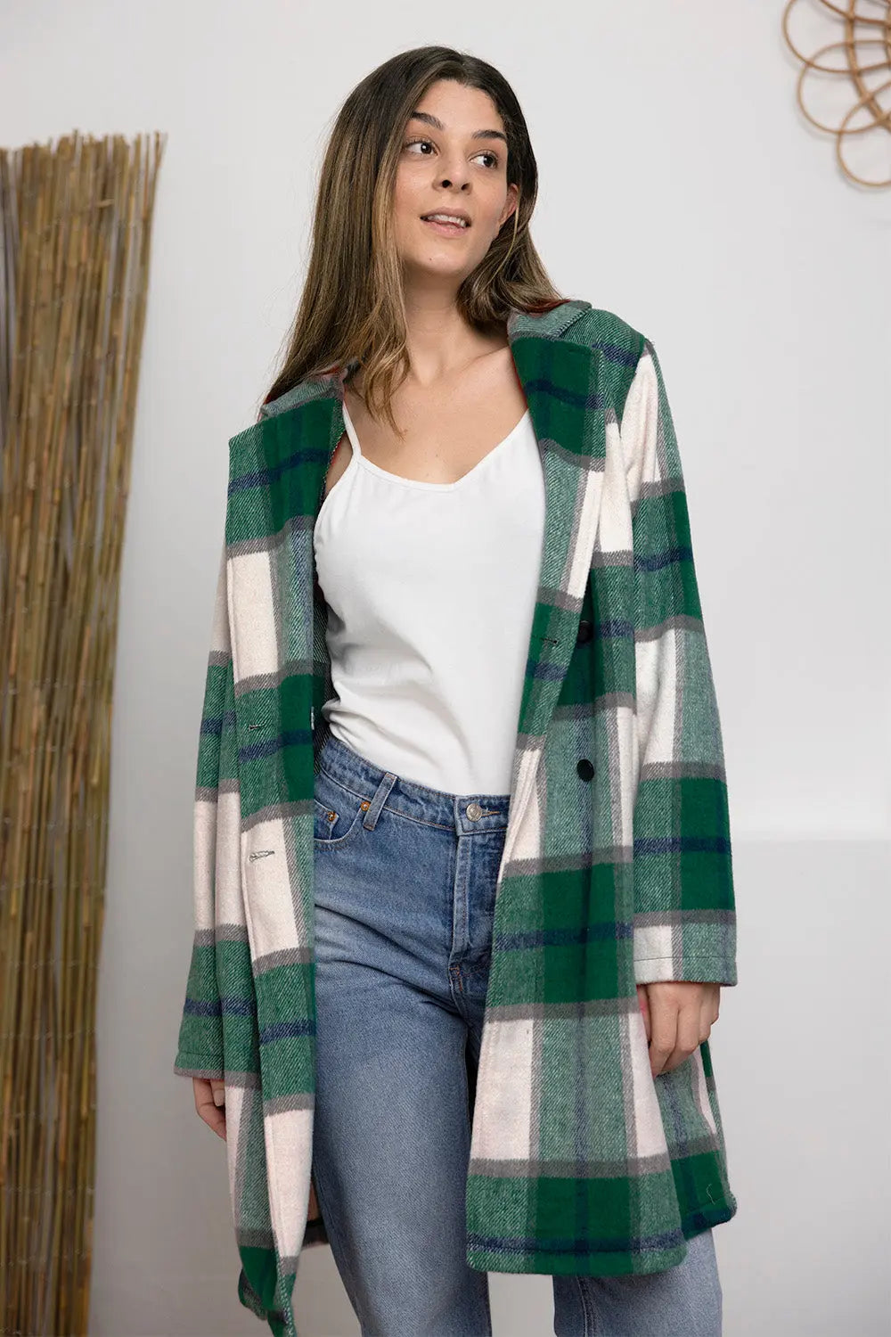 Double Take Plaid Button Up Lapel Collar Coat Trendsi