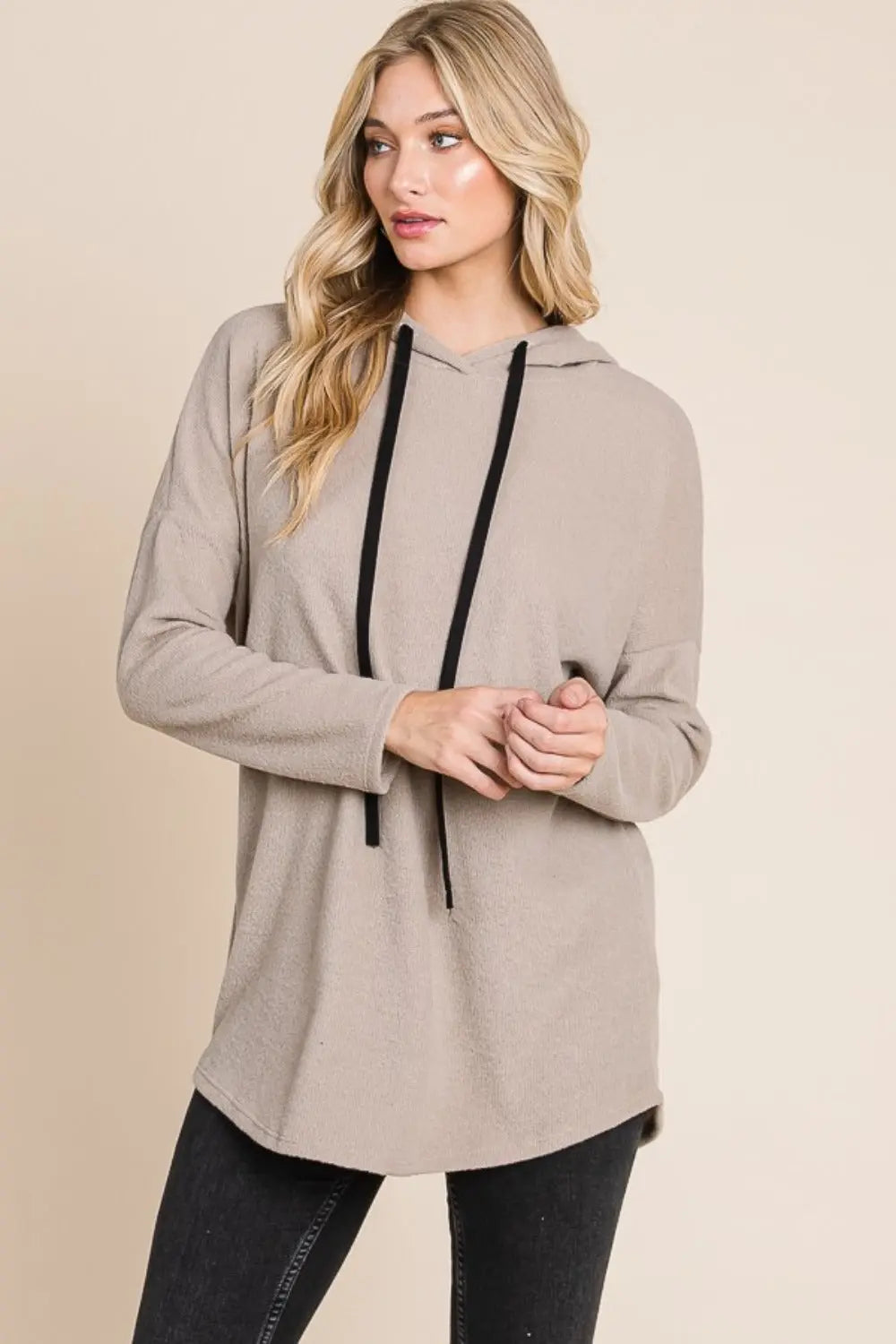Bombom Contrast Drawstring Drop Shoulder Knit Hoodie Trendsi