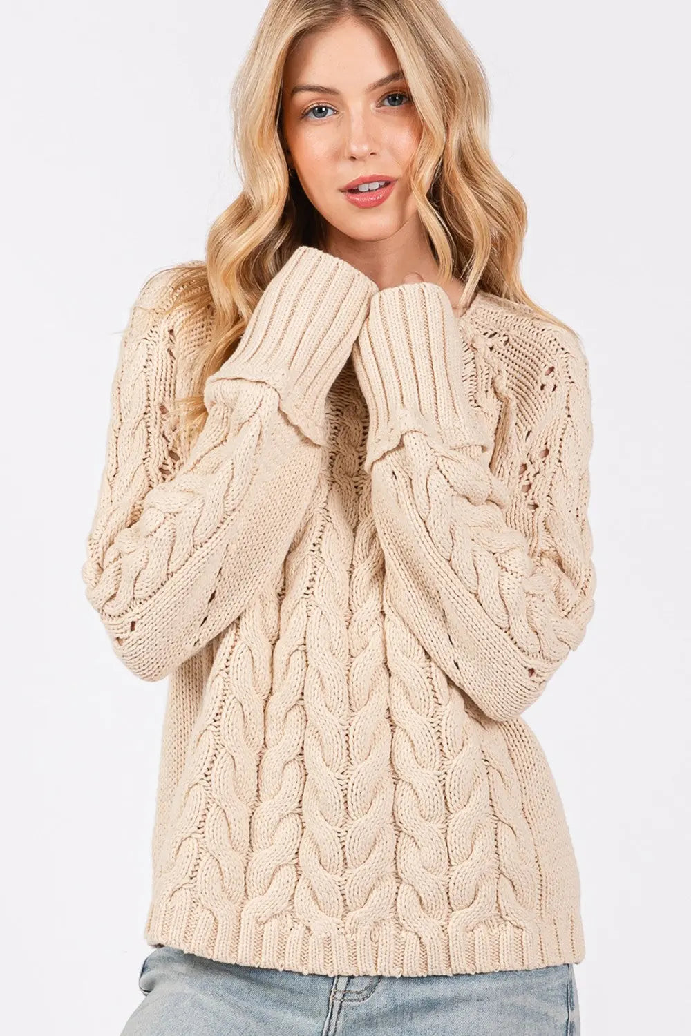 Sage + Fig Cable-Knit Long Sleeve Sweater Trendsi