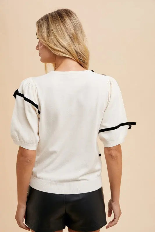 Annie Wear Bow Round Neck Knit Sweater Trendsi