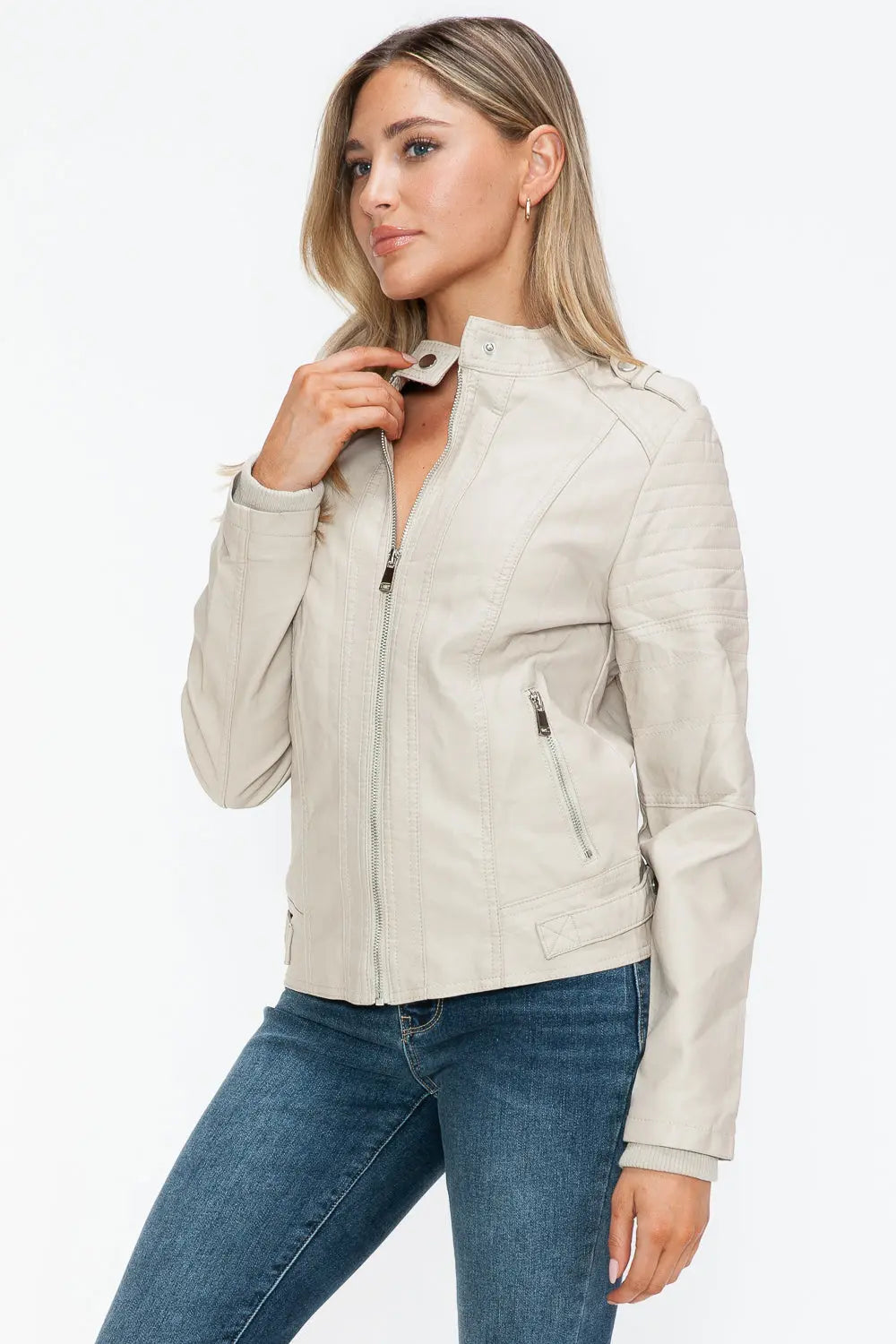 Snobbish Leather Biker Jacket with Side Zip Pockets Trendsi
