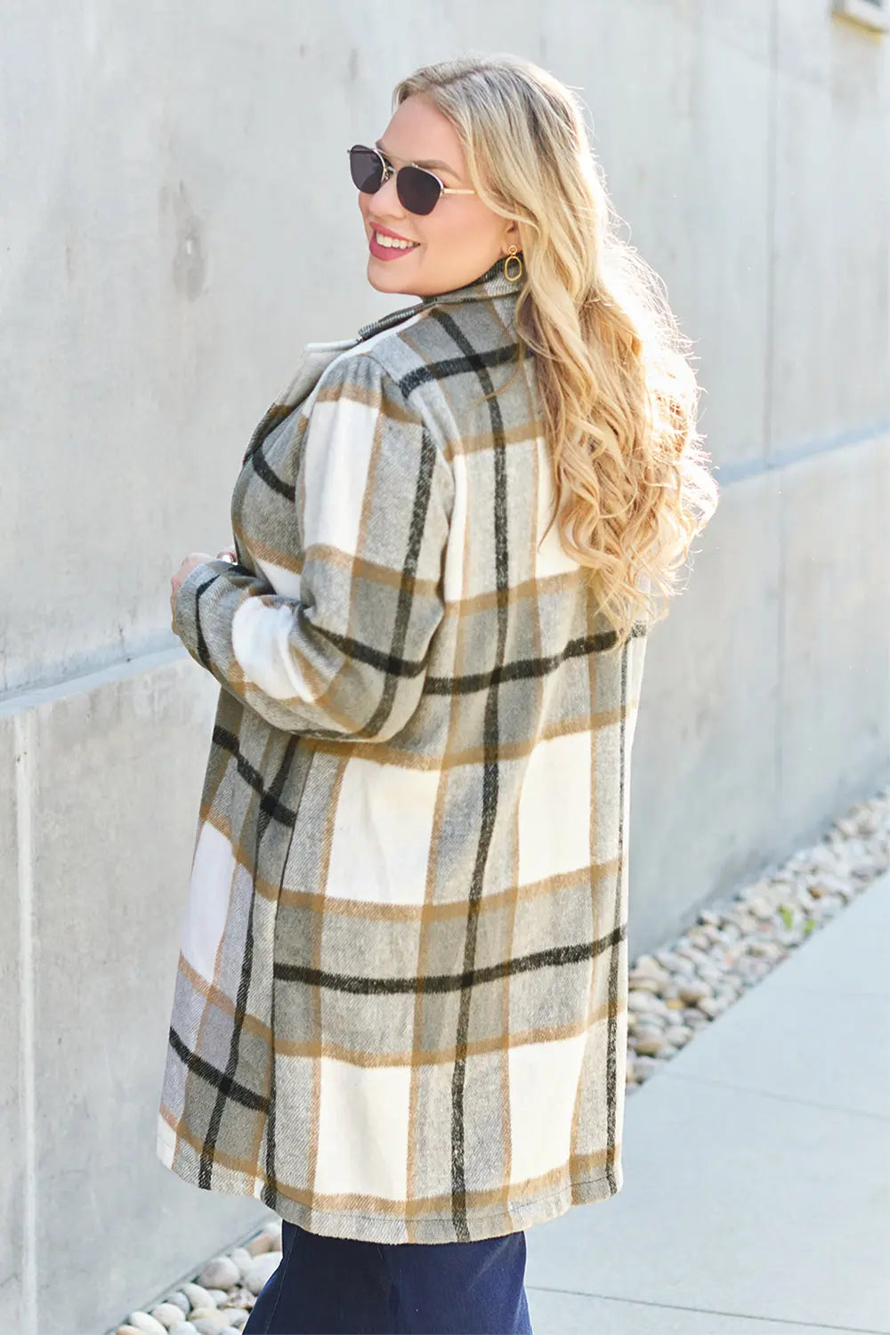 Double Take Plaid Button Up Lapel Collar Coat Trendsi