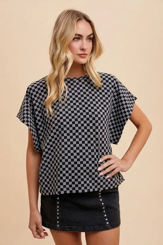 Checkered Round Neck Short Sleeve Shirt Trendsi