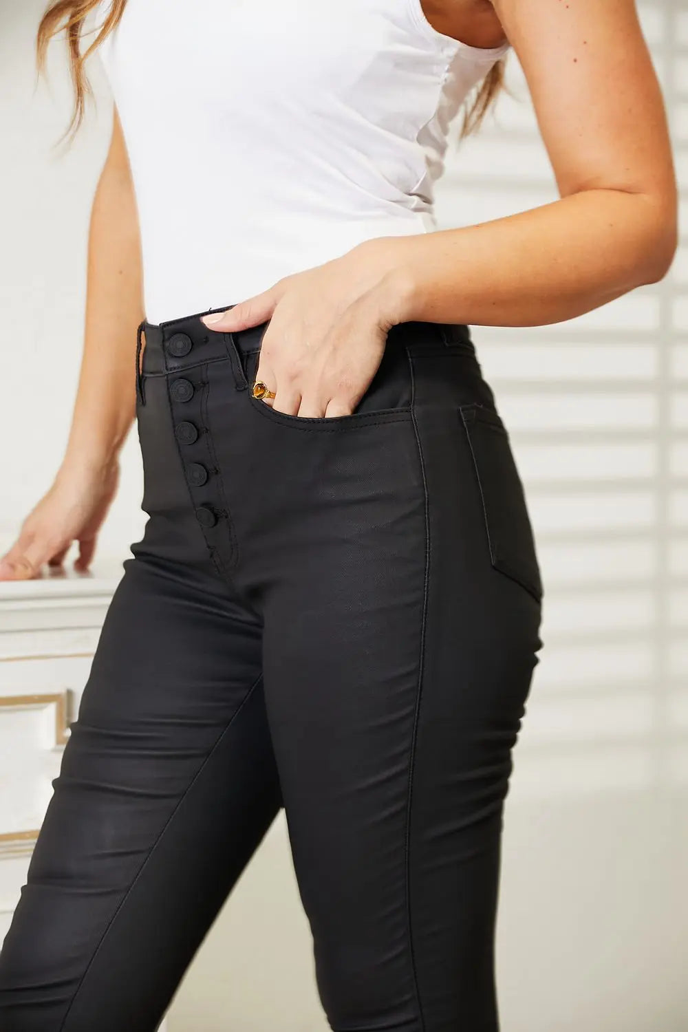 Kancan High Rise Black Coated Ankle Skinny Jeans Trendsi