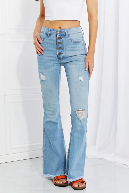 Vibrant MIU High Rise Button Flare Jeans Trendsi