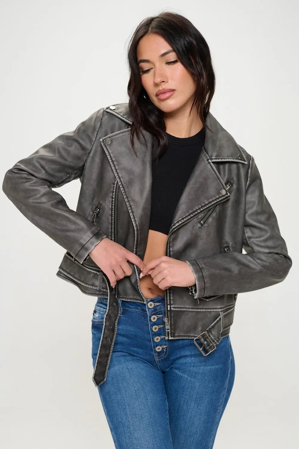 Coalition LA Asymmetrical Zip Up Biker Jacket with Belt Trendsi