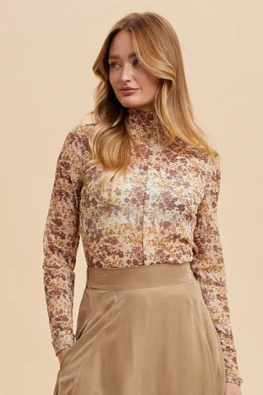 Annie Wear Floral Lettuce Hem Sheer Mesh Blouse Trendsi