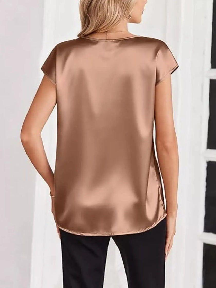 Satin V-Neck Short Sleeve Blouse  Style Ratio