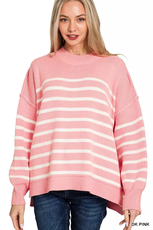 Zenana Exposed Seam Striped Oversized Sweater  Style Ratio