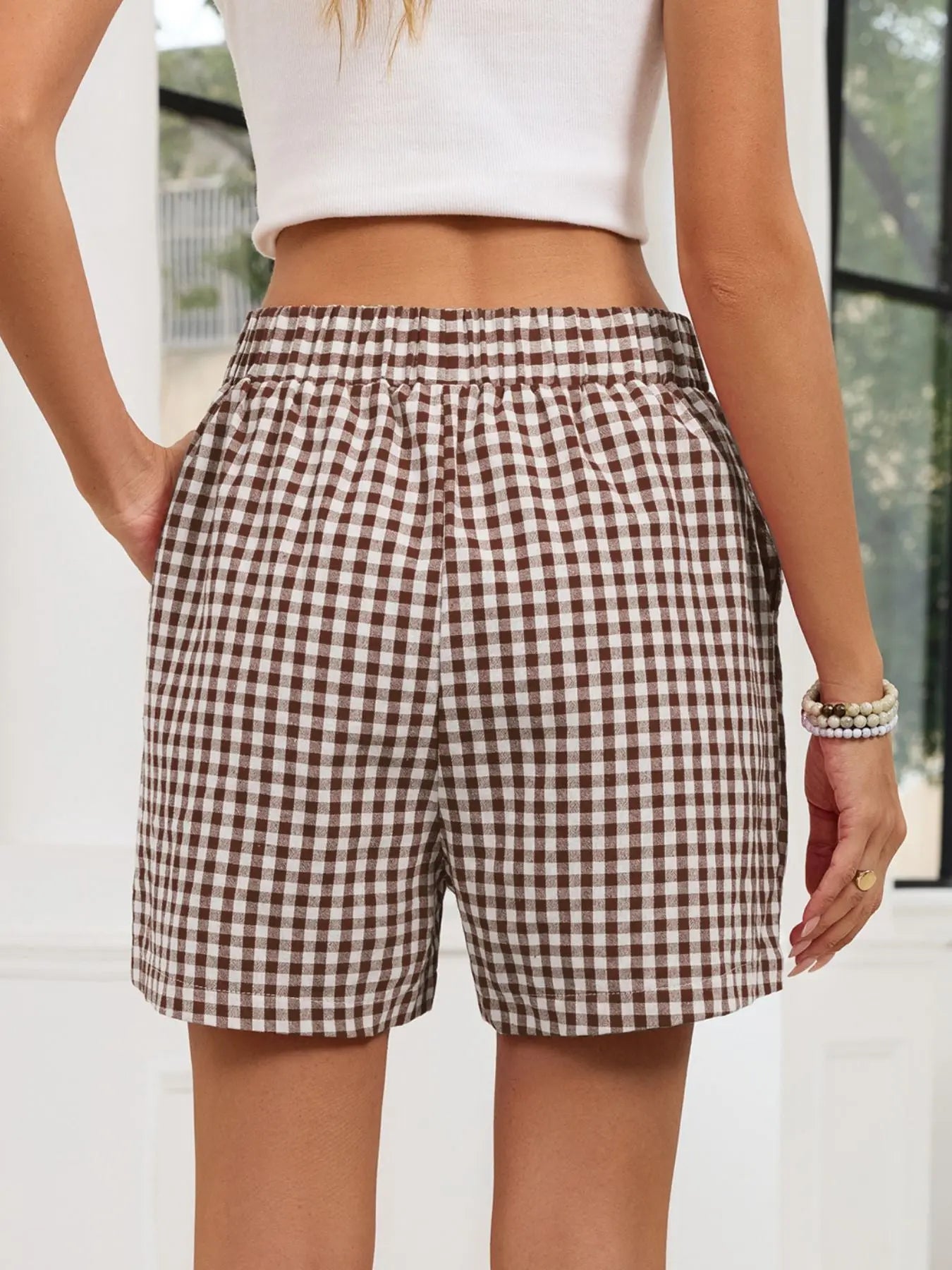 Gingham Elastic Waist Casual Shorts  Style Ratio